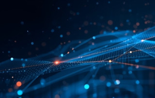 A digital interface displaying cybersecurity-related graphics including fingerprint scan icons, locks, and user authentication symbols on a blue-toned abstract background